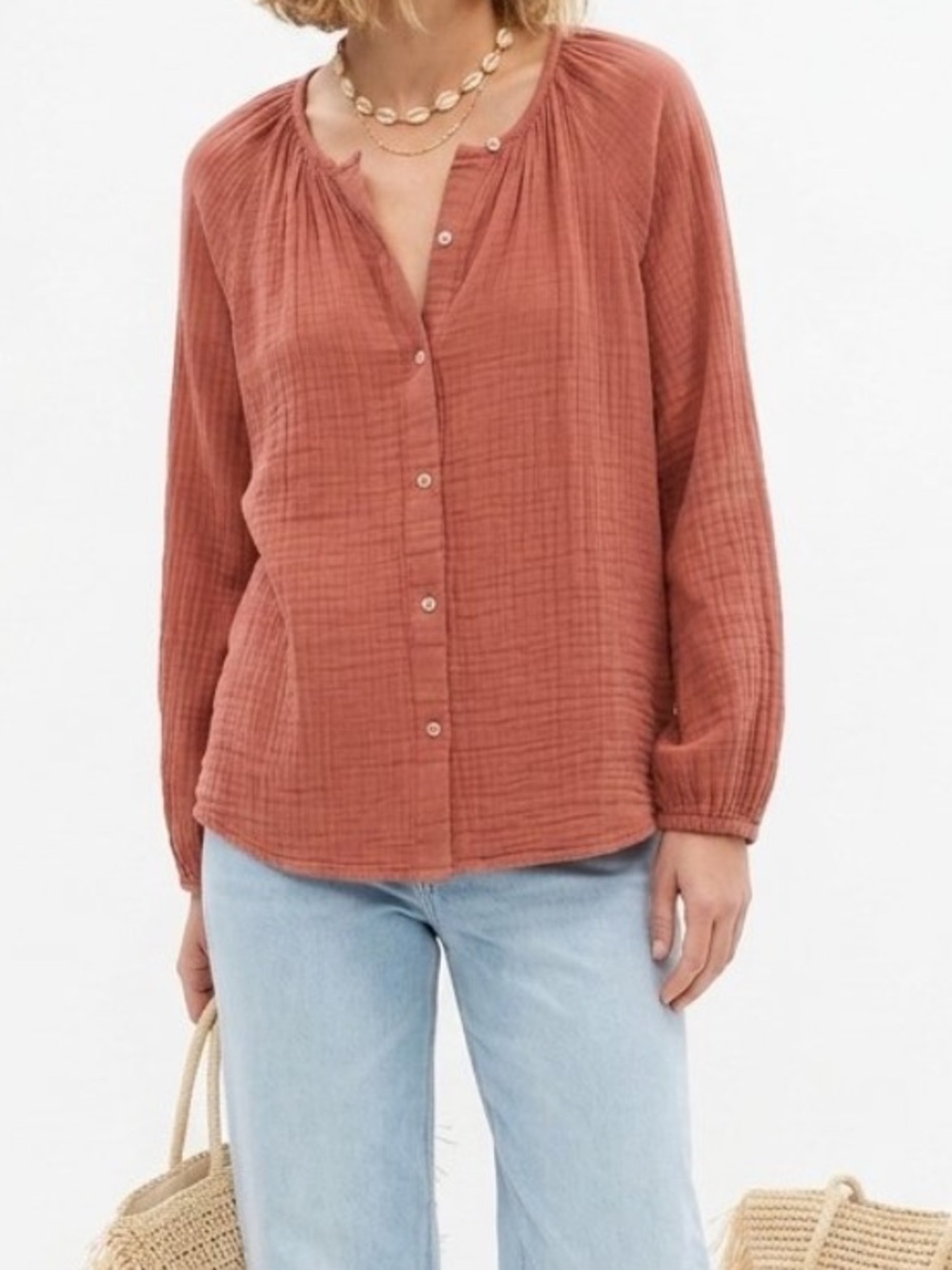 GAP Rust-Red Button Front Gauze Shirt
